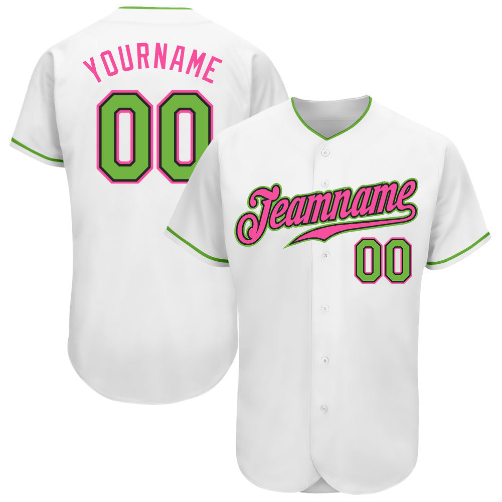 Custom White Neon Green-Pink Authentic Baseball Jersey baseball jersey product view 1