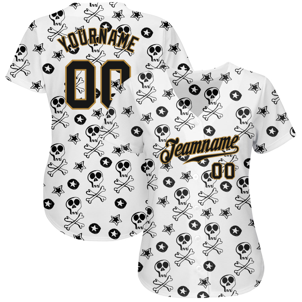 Custom White Black-Old Gold 3D Skull Fashion Authentic Baseball Jersey baseball jersey product view 2