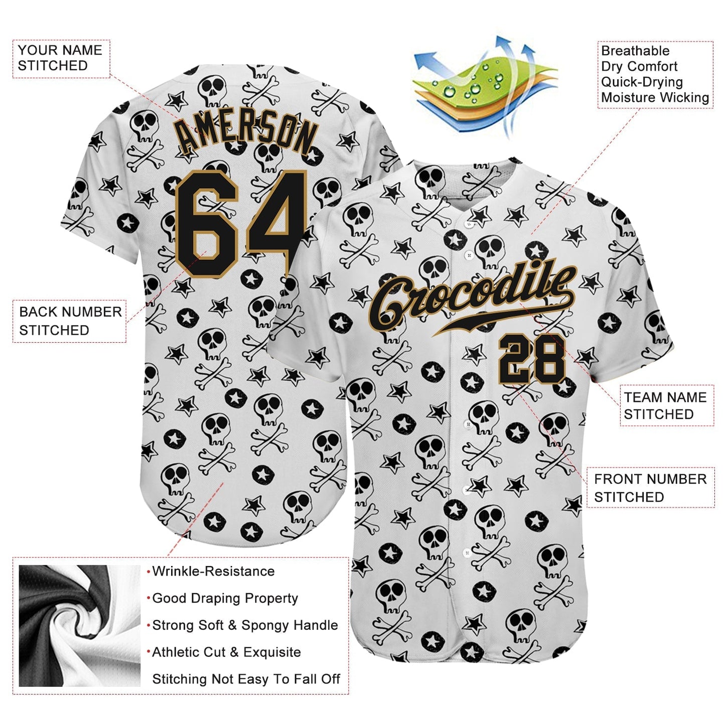 Custom White Black-Old Gold 3D Skull Fashion Authentic Baseball Jersey baseball jersey product view 3