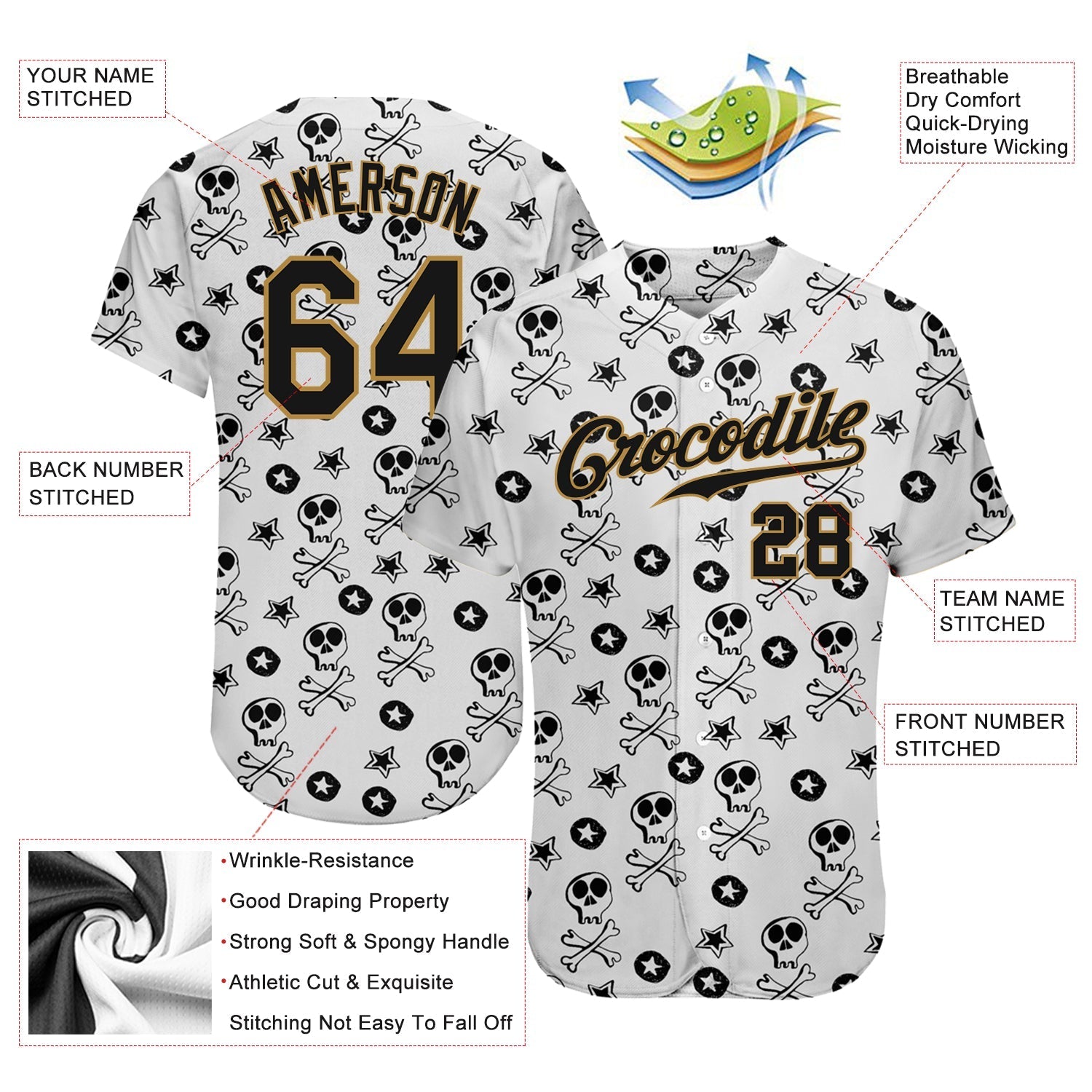 Custom White Black-Old Gold 3D Skull Fashion Authentic Baseball Jersey baseball jersey product view 3