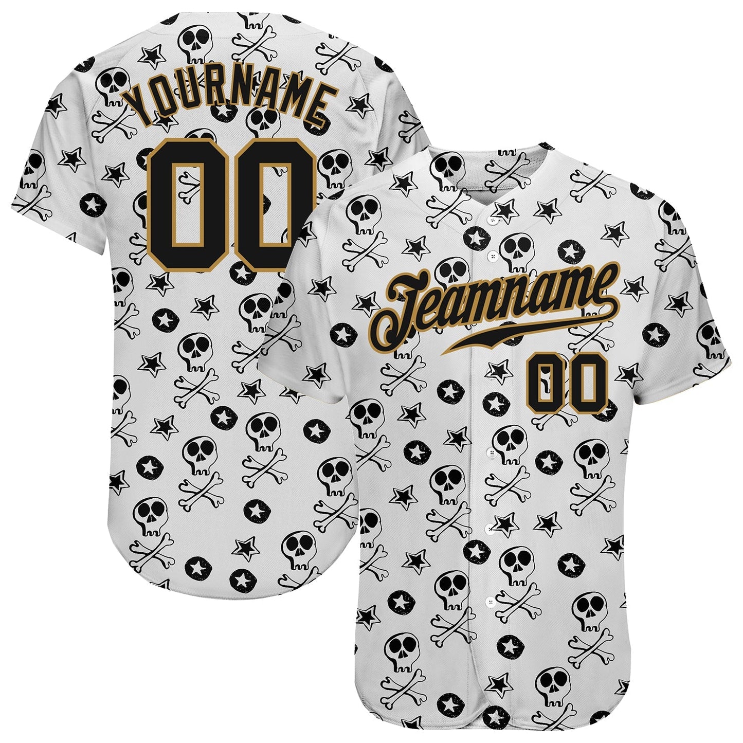 Custom White Black-Old Gold 3D Skull Fashion Authentic Baseball Jersey baseball jersey product view 1