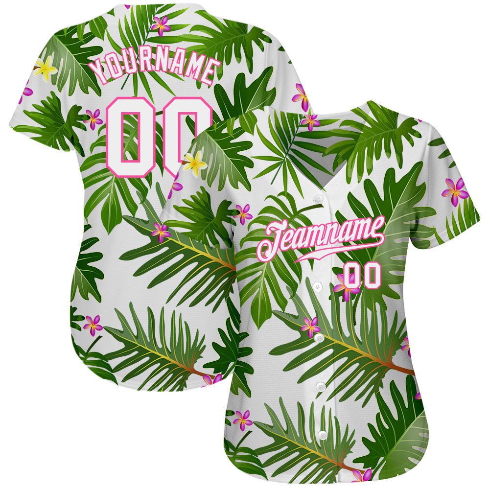 Custom White White-Pink 3D Pattern Design Tropical Palm Leaves Authentic Baseball Jersey baseball jersey product view 2
