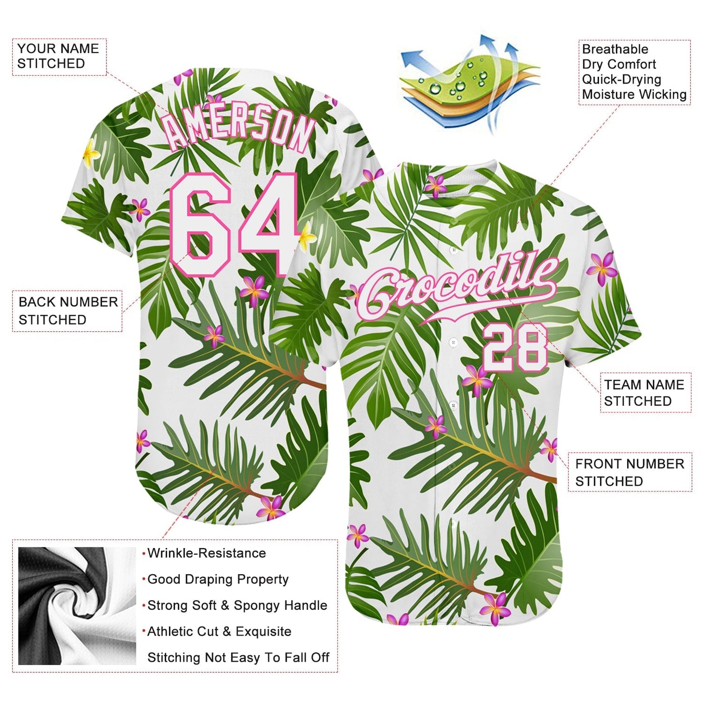 Custom White White-Pink 3D Pattern Design Tropical Palm Leaves Authentic Baseball Jersey baseball jersey product view 3