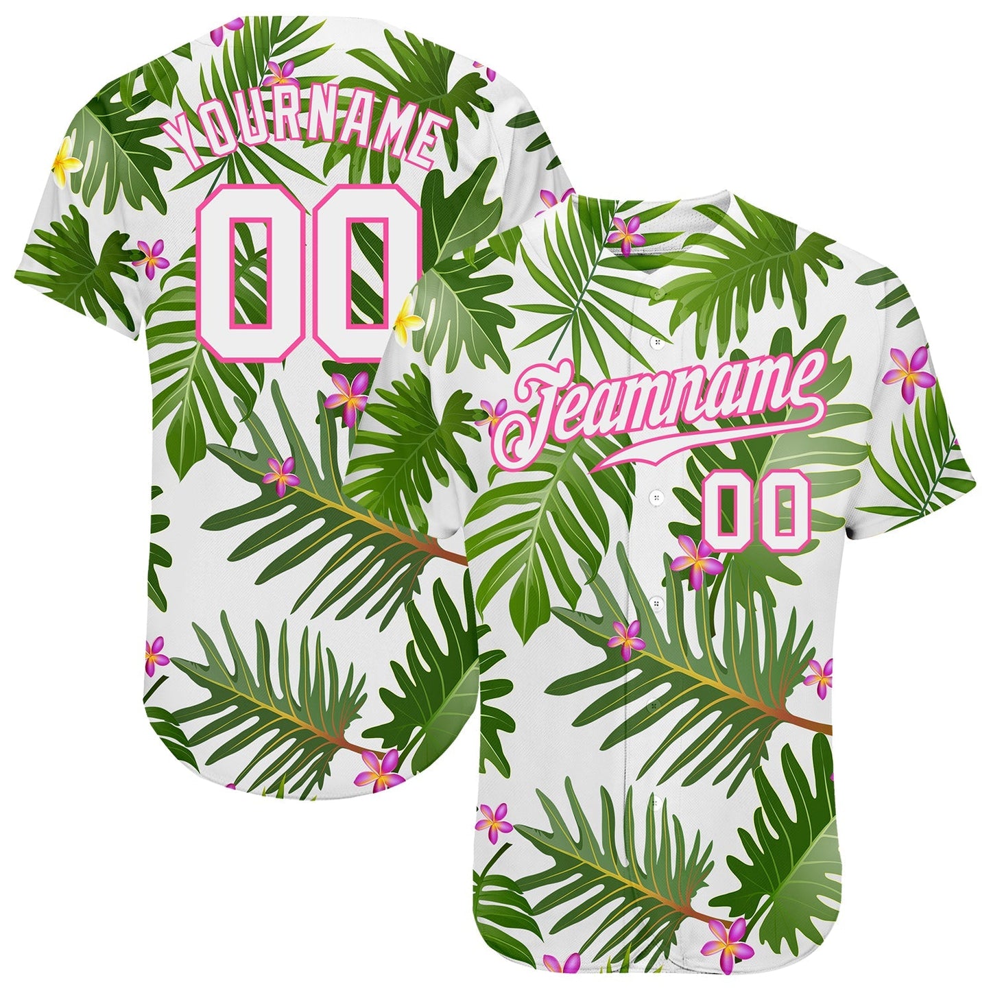 Custom White White-Pink 3D Pattern Design Tropical Palm Leaves Authentic Baseball Jersey baseball jersey product view 1