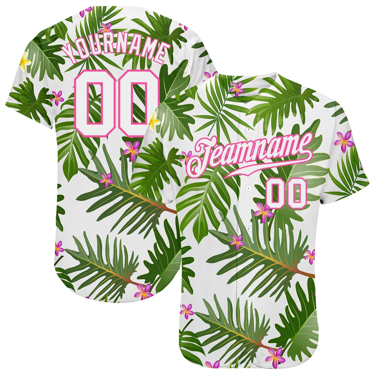 Custom White White-Pink 3D Pattern Design Tropical Palm Leaves Authentic Baseball Jersey baseball jersey product view 1