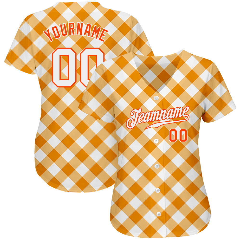 Custom White White-Orange 3D Pattern Design Orange Plaid Authentic Baseball Jersey baseball jersey product view 2
