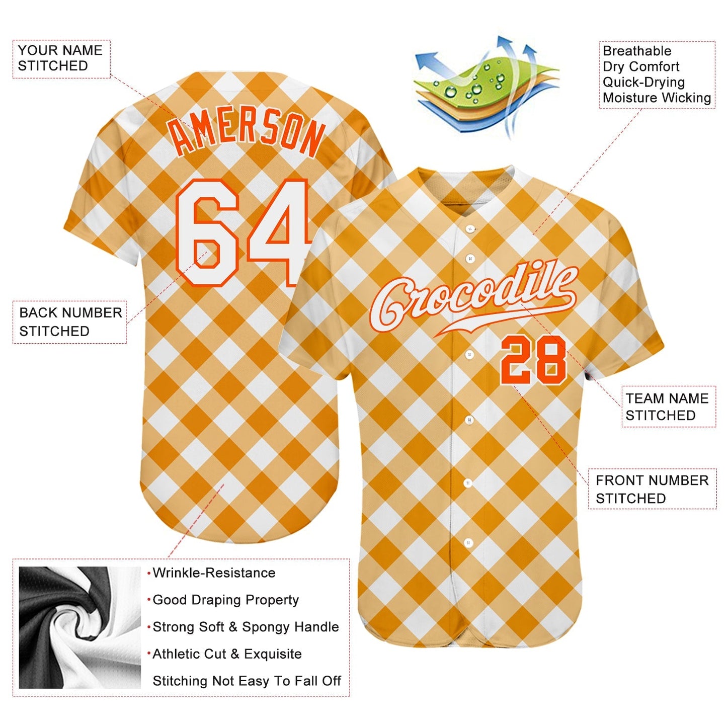 Custom White White-Orange 3D Pattern Design Orange Plaid Authentic Baseball Jersey baseball jersey product view 3