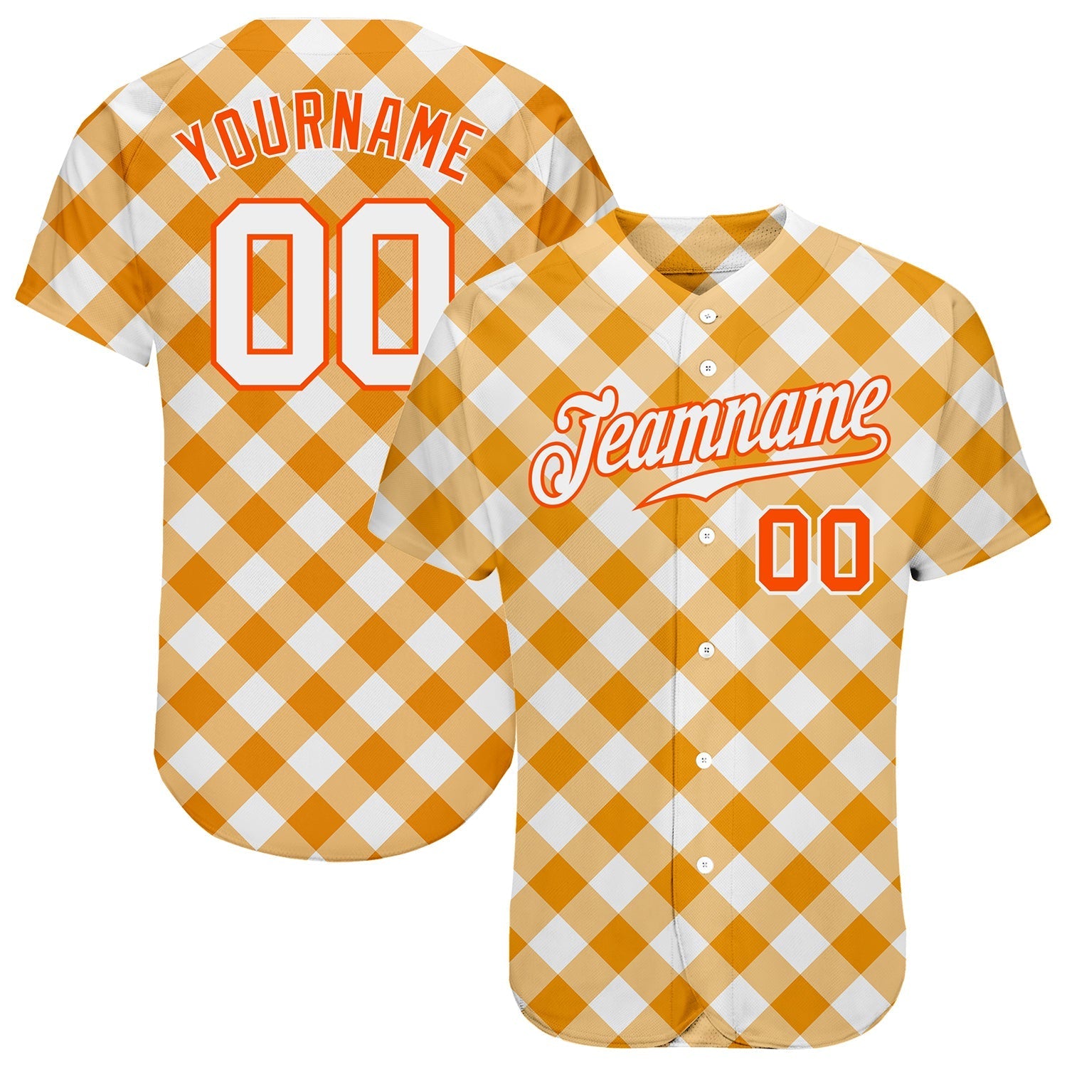 Custom White White-Orange 3D Pattern Design Orange Plaid Authentic Baseball Jersey baseball jersey product view 1