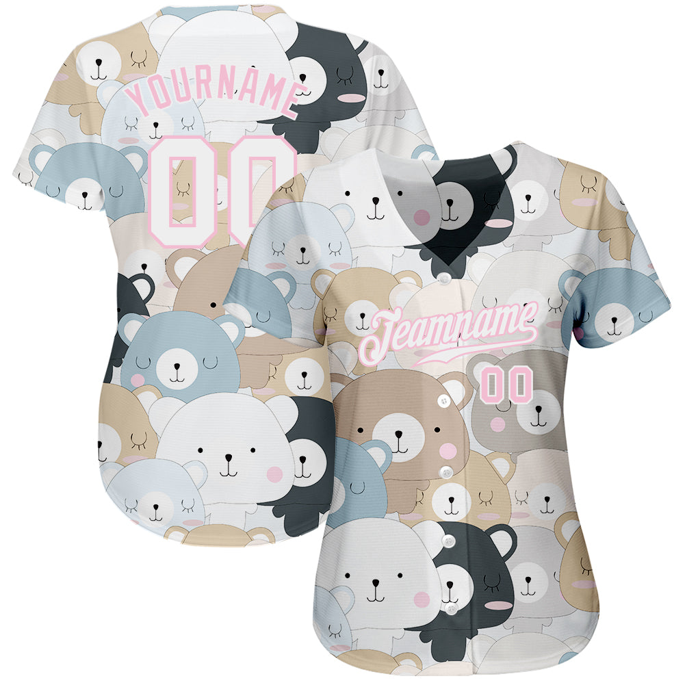 Custom White White-Light Pink 3D Pattern Design Teddy Bears Authentic Baseball Jersey baseball jersey product view 2