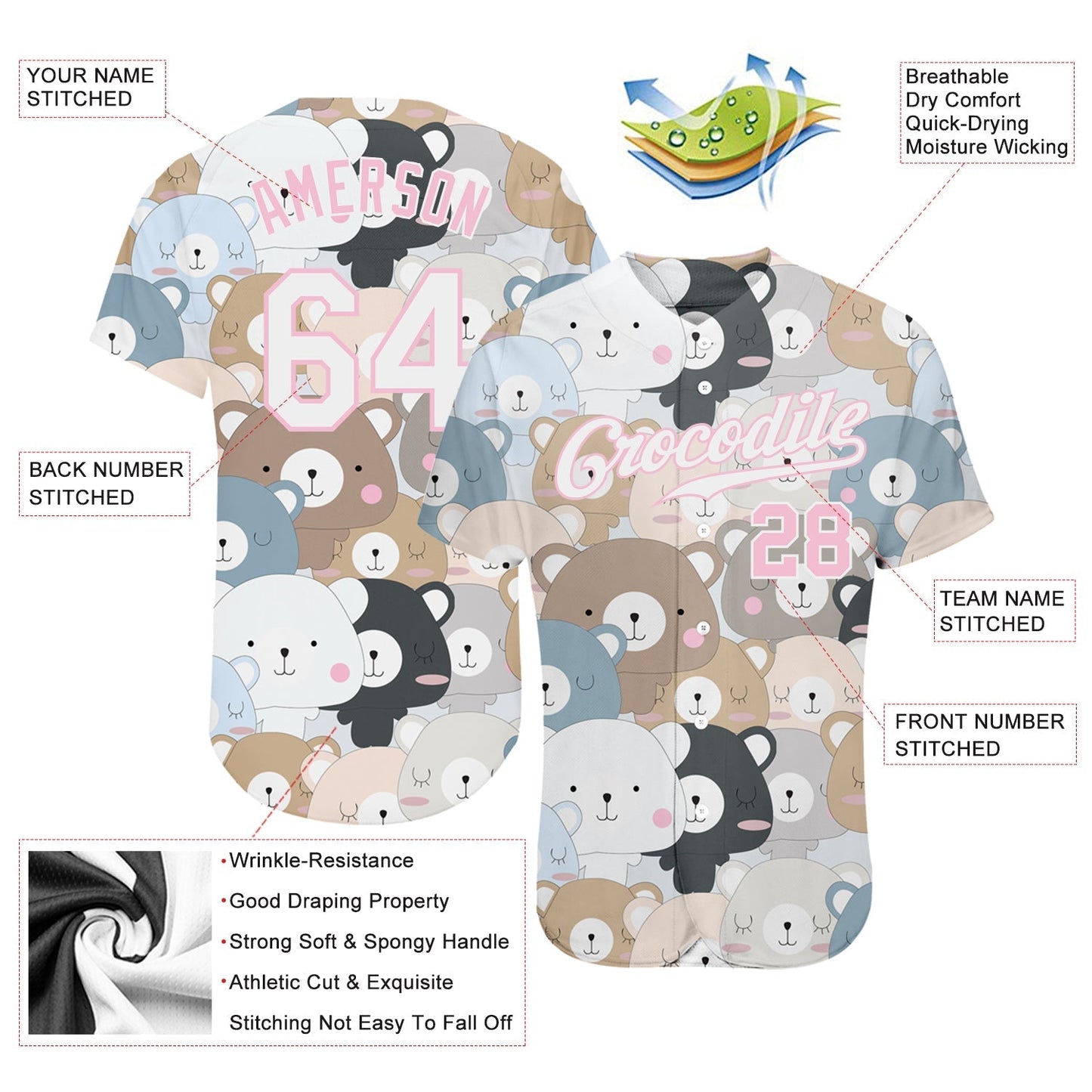 Custom White White-Light Pink 3D Pattern Design Teddy Bears Authentic Baseball Jersey baseball jersey product view 3