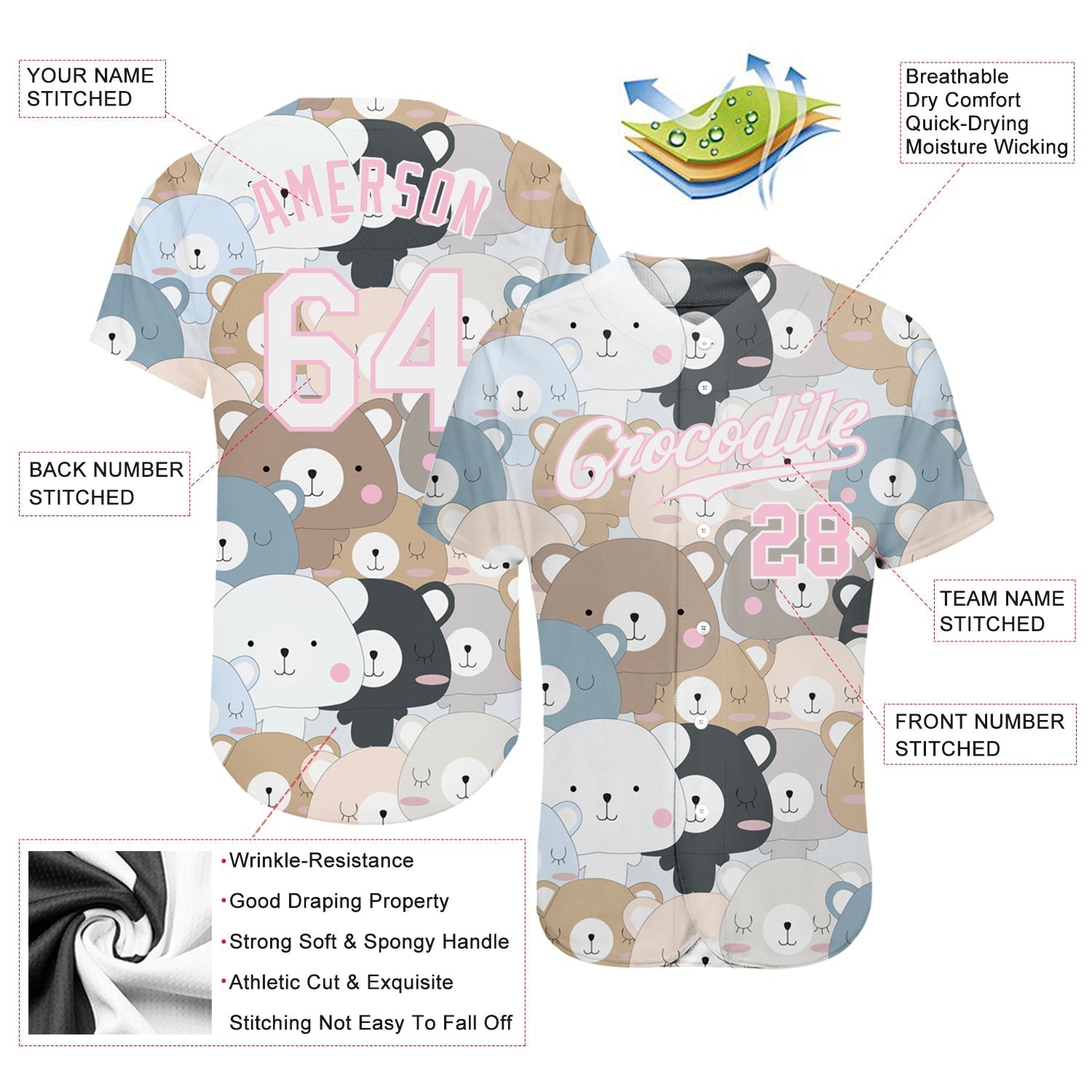 Custom White White-Light Pink 3D Pattern Design Teddy Bears Authentic Baseball Jersey baseball jersey product view 3