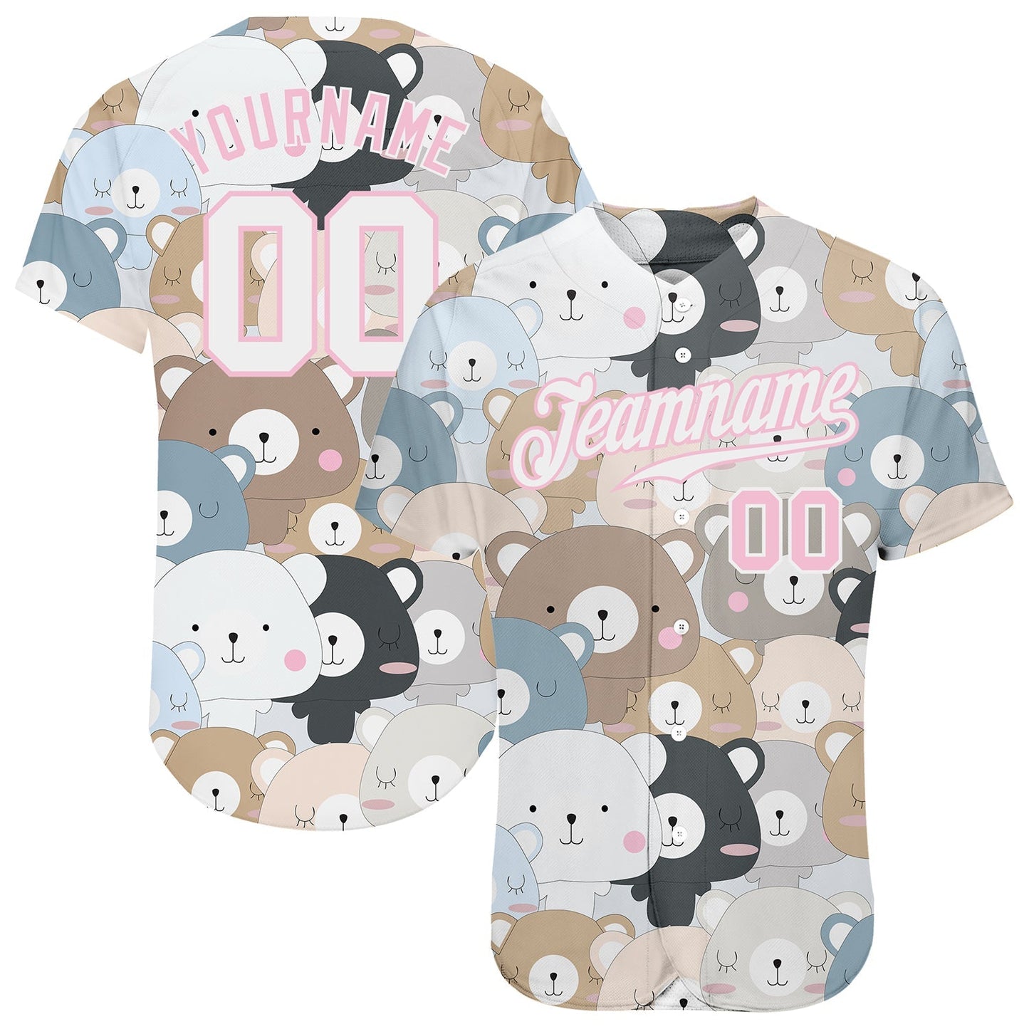 Custom White White-Light Pink 3D Pattern Design Teddy Bears Authentic Baseball Jersey baseball jersey product view 1