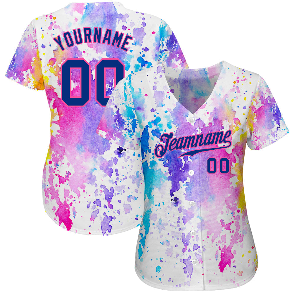 Custom White Royal-Pink 3D Pattern Design Watercolor Authentic Baseball Jersey baseball jersey product view 3