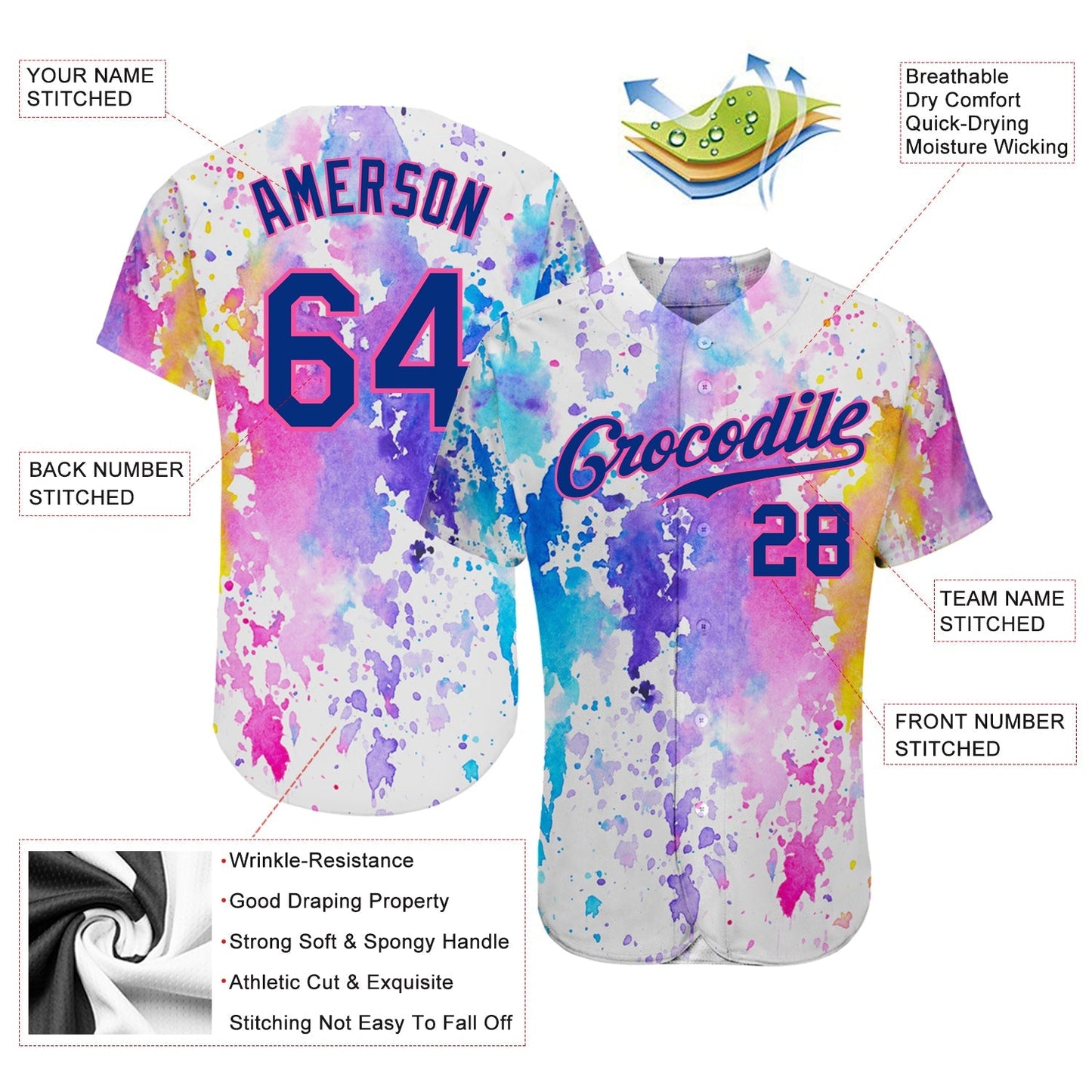 Custom White Royal-Pink 3D Pattern Design Watercolor Authentic Baseball Jersey baseball jersey product view 4