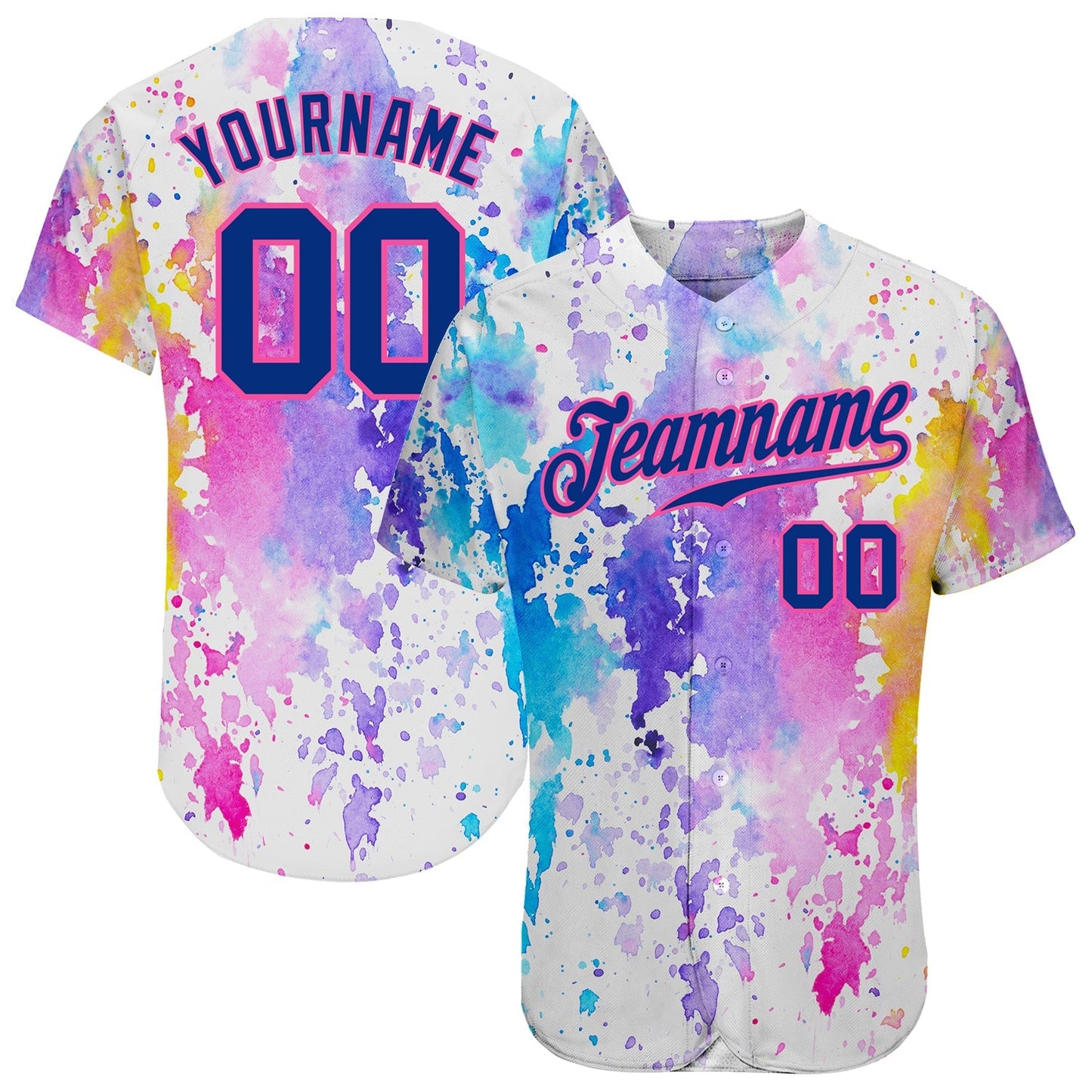 Custom White Royal-Pink 3D Pattern Design Watercolor Authentic Baseball Jersey baseball jersey product view 1