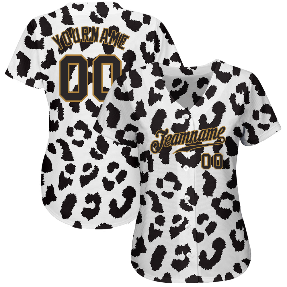 Custom White Black-Old Gold 3D Pattern Design Leopard Authentic Baseball Jersey baseball jersey product view 2