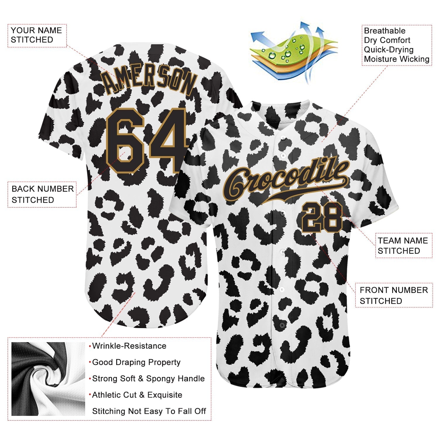 Custom White Black-Old Gold 3D Pattern Design Leopard Authentic Baseball Jersey baseball jersey product view 3