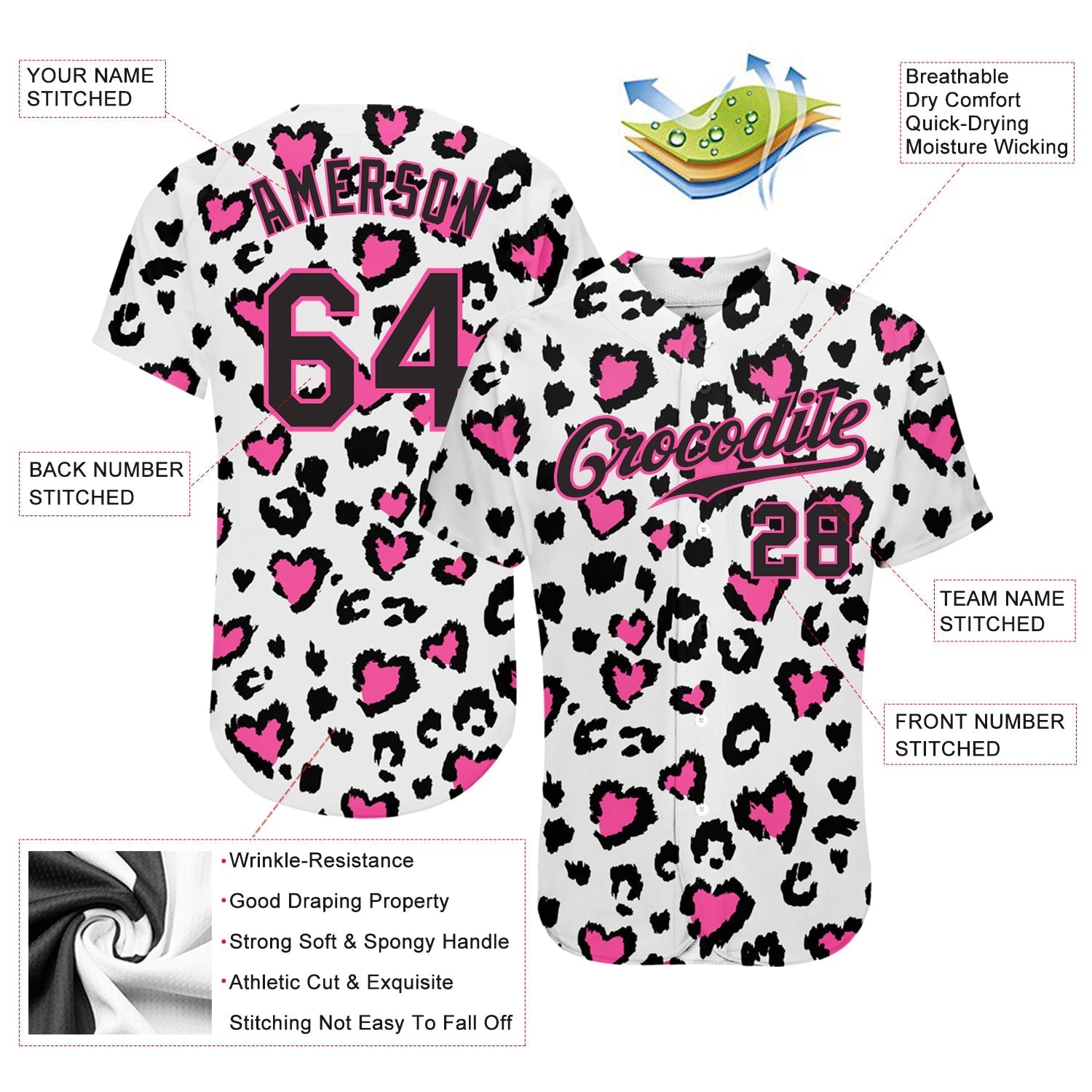 Custom White Black-Pink 3D Pattern Design Leopard Authentic Baseball Jersey baseball jersey product view 3