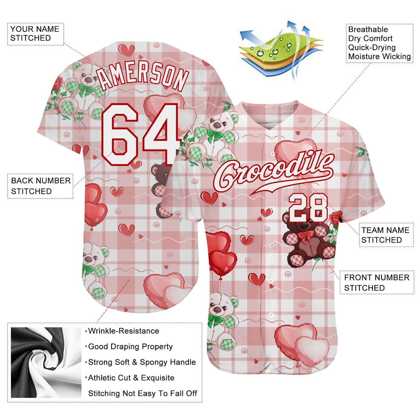 Custom White White-Red 3D Pattern Design Teddy Bears Authentic Baseball Jersey baseball jersey product view 3