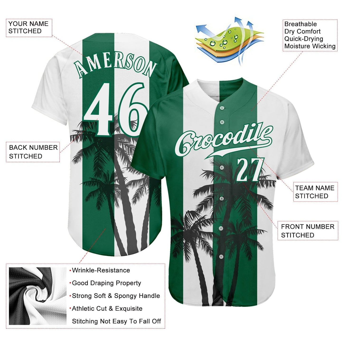 Custom White White-Kelly Green 3D Pattern Design Hawaii Coconut Trees Authentic Baseball Jersey baseball jersey product view 3