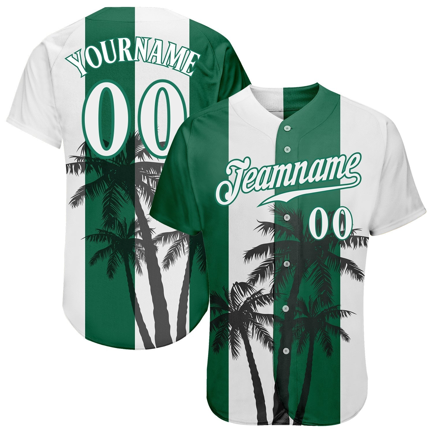 Custom White White-Kelly Green 3D Pattern Design Hawaii Coconut Trees Authentic Baseball Jersey baseball jersey product view 1