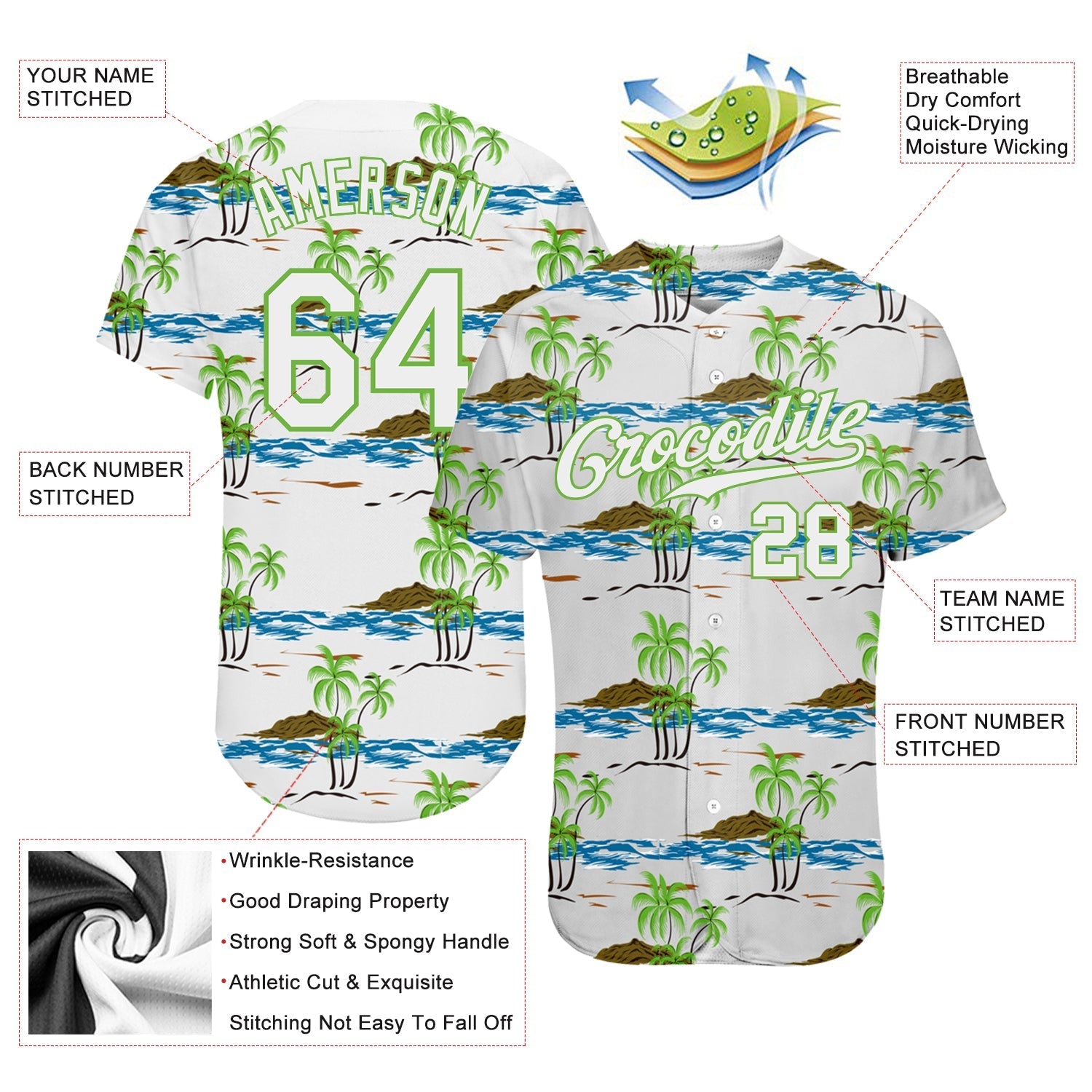 Custom White White-Neon Green 3D Pattern Design Beaches Authentic Baseball Jersey baseball jersey product view 3