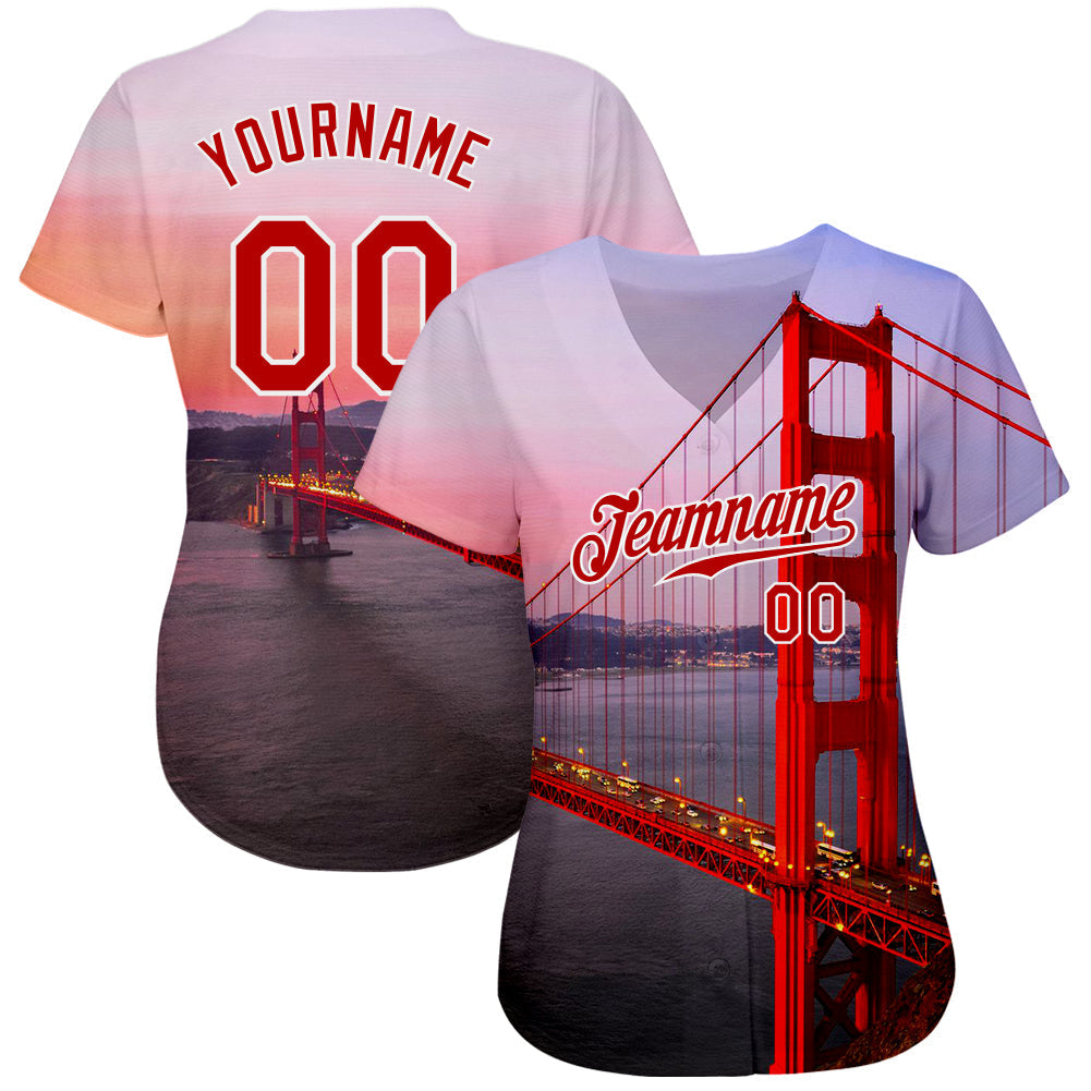 Custom White Red-White 3D Pattern Design Golden Gate Bridge Authentic Baseball Jersey baseball jersey product view 2