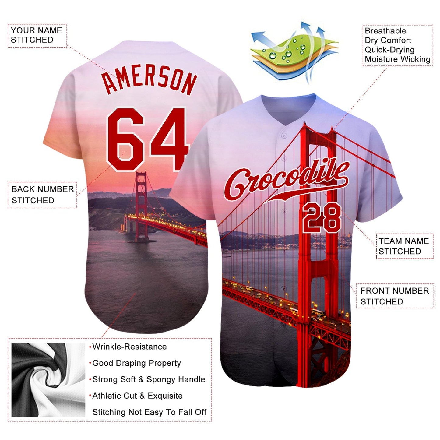 Custom White Red-White 3D Pattern Design Golden Gate Bridge Authentic Baseball Jersey baseball jersey product view 3