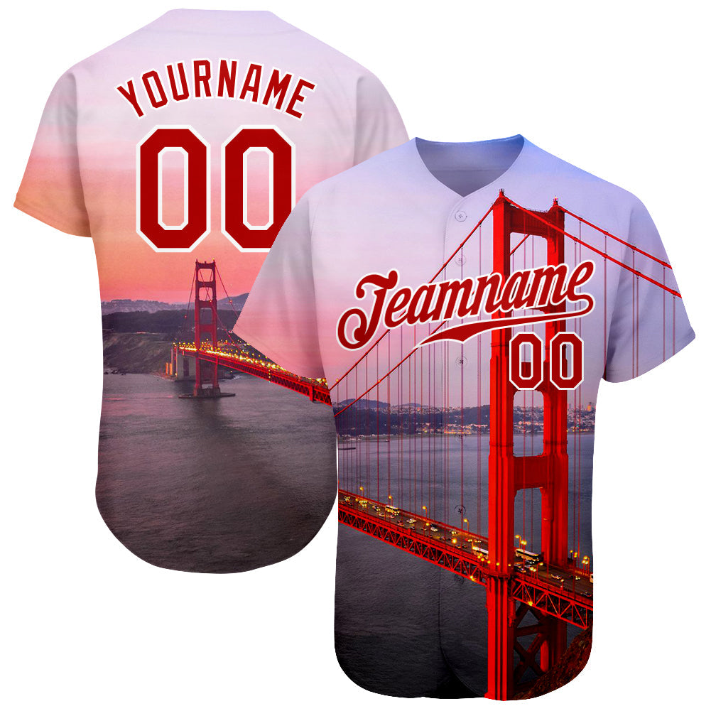 Custom White Red-White 3D Pattern Design Golden Gate Bridge Authentic Baseball Jersey baseball jersey product view 1