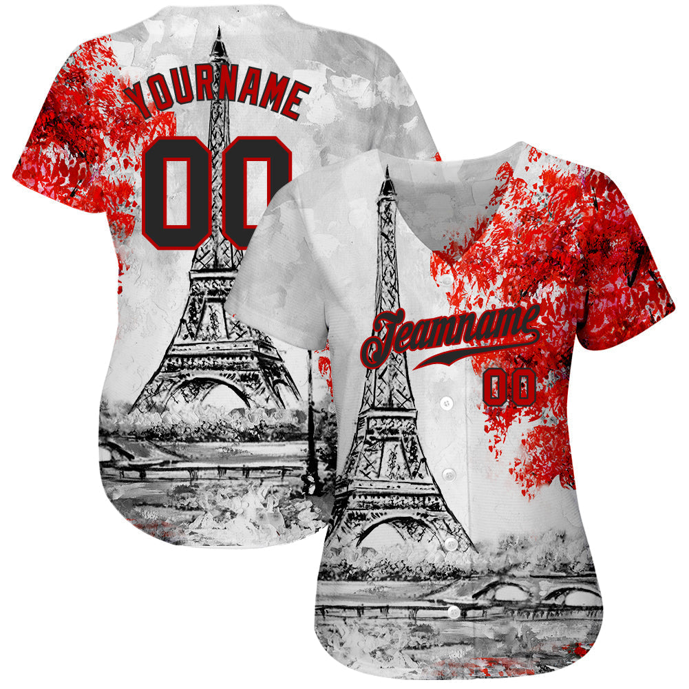 Custom White Black-Red 3D Pattern Design Eiffel Tower Authentic Baseball Jersey baseball jersey product view 2