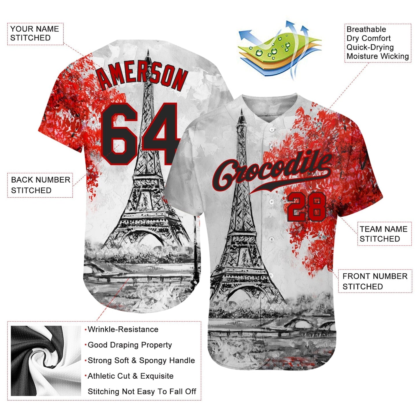 Custom White Black-Red 3D Pattern Design Eiffel Tower Authentic Baseball Jersey baseball jersey product view 3