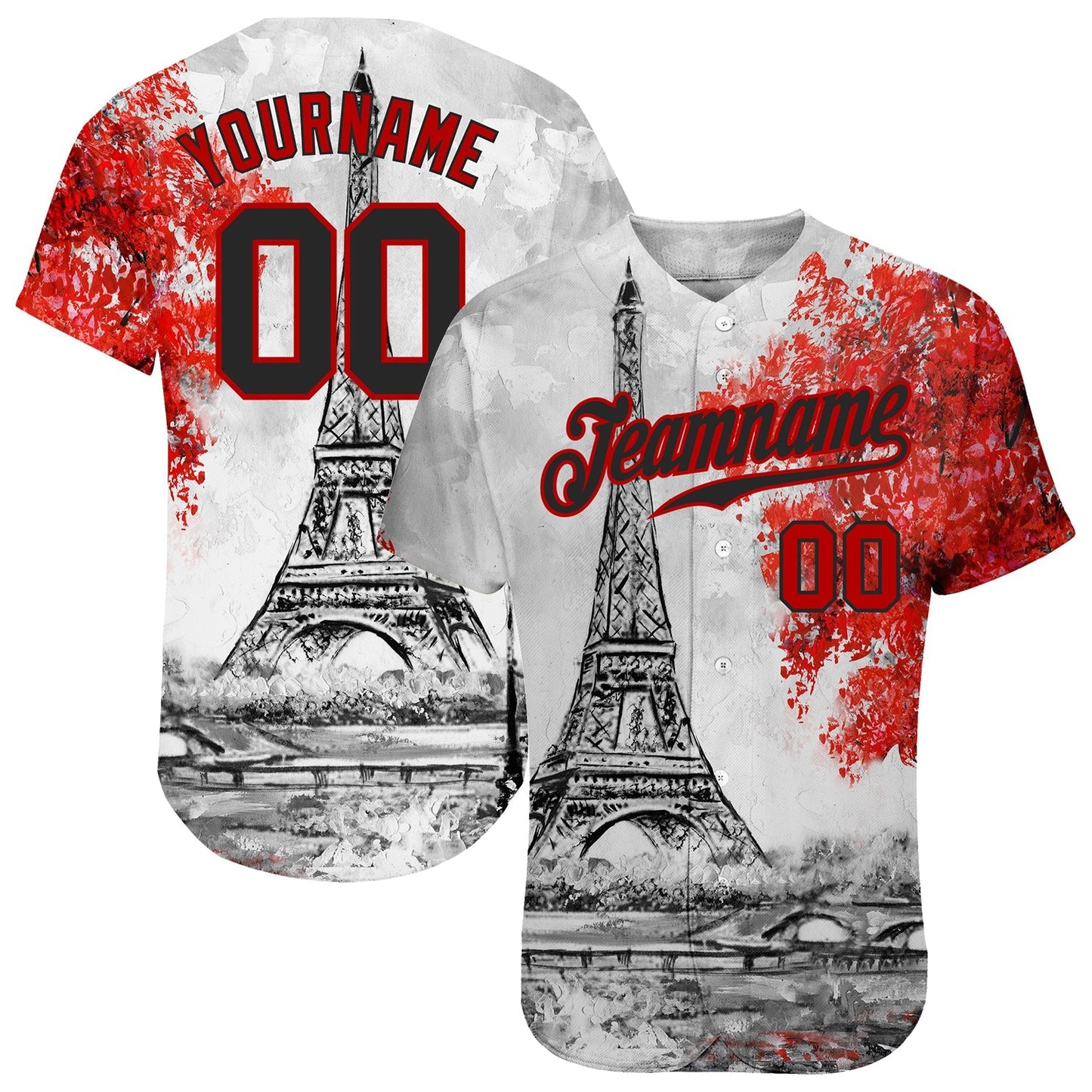 Custom White Black-Red 3D Pattern Design Eiffel Tower Authentic Baseball Jersey baseball jersey product view 1