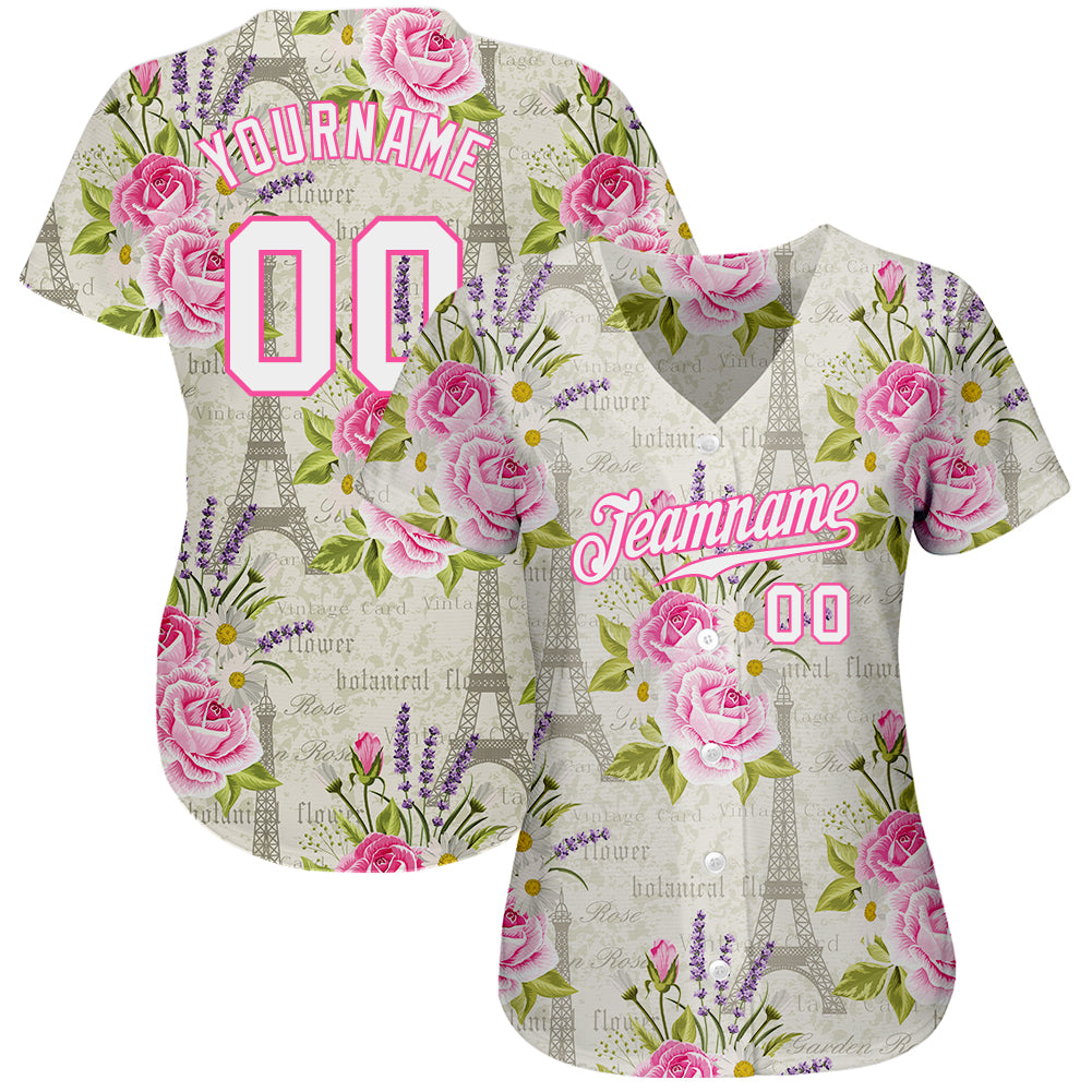 Custom White White-Pink 3D Pattern Design Floral Pattern With The Eiffel Tower Authentic Baseball Jersey baseball jersey product view 2