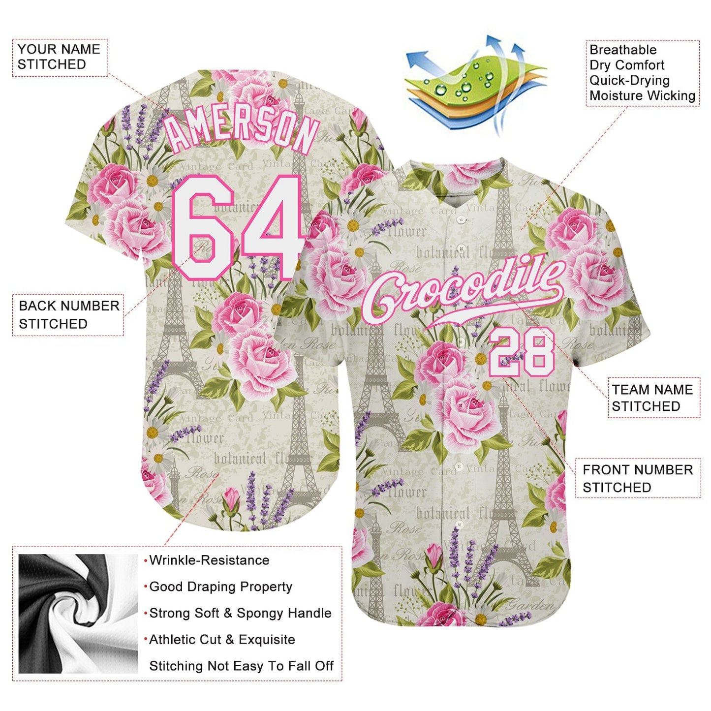 Custom White White-Pink 3D Pattern Design Floral Pattern With The Eiffel Tower Authentic Baseball Jersey baseball jersey product view 3