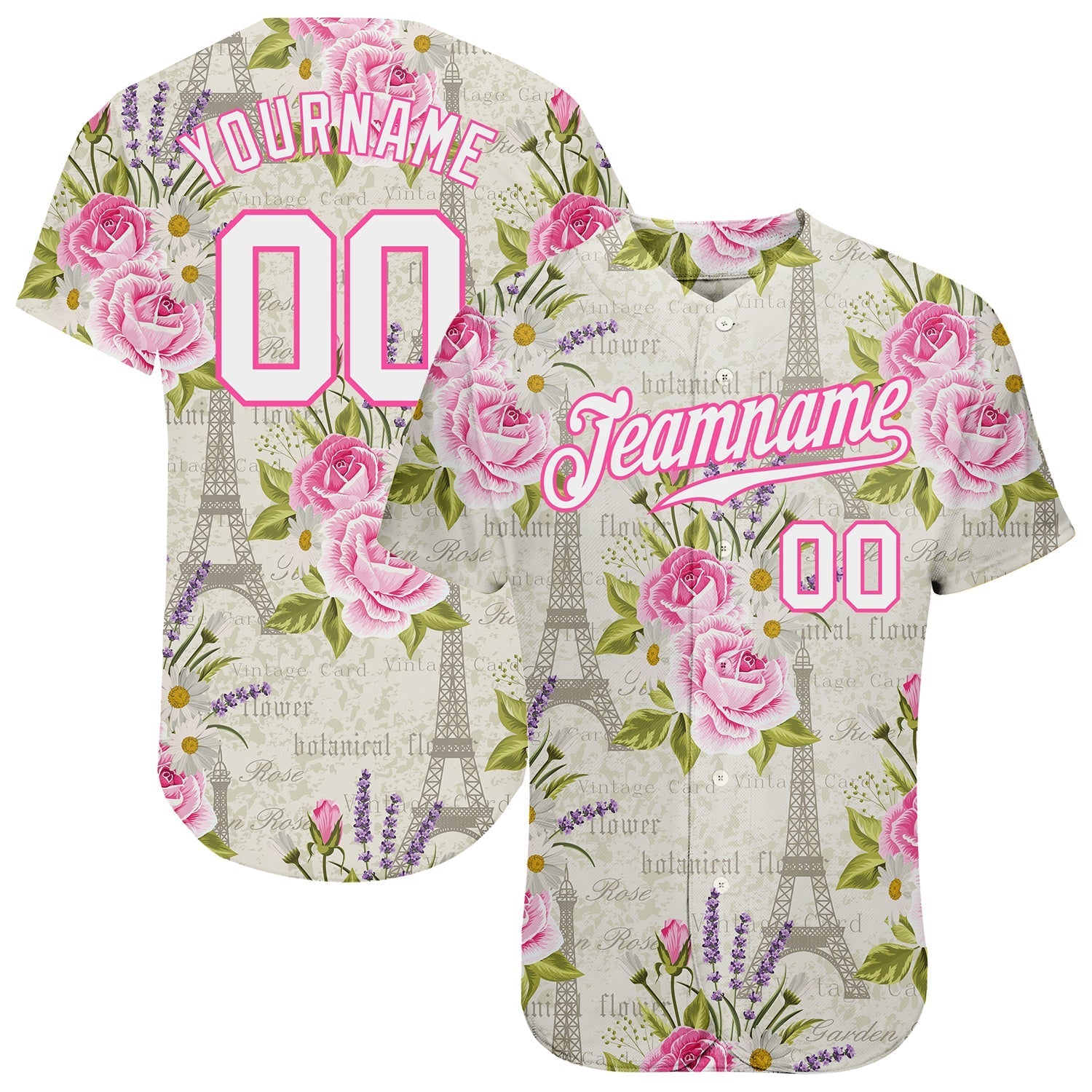 Custom White White-Pink 3D Pattern Design Floral Pattern With The Eiffel Tower Authentic Baseball Jersey baseball jersey product view 1
