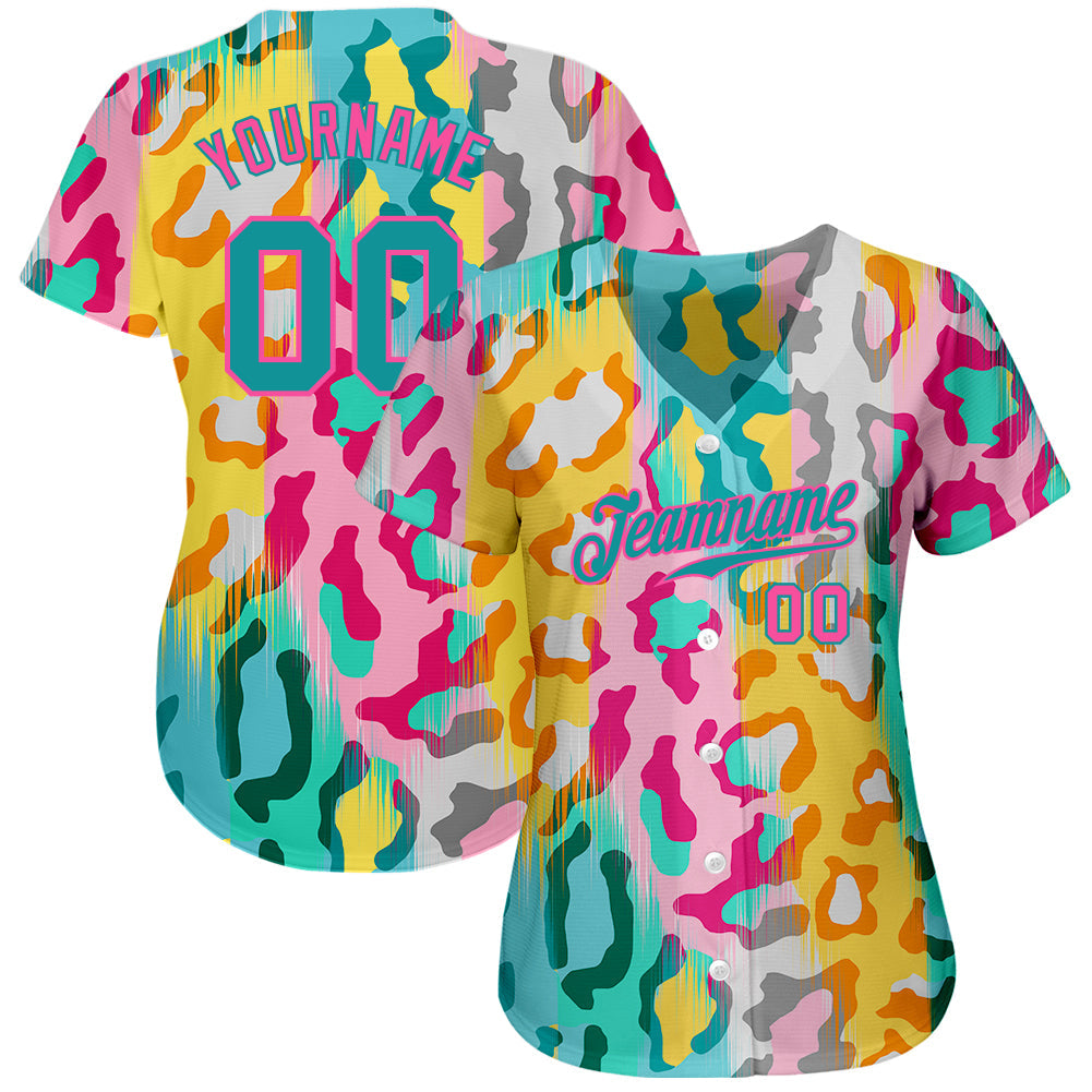 Custom White Teal-Pink 3D Pattern Design Leopard Authentic Baseball Jersey baseball jersey product view 2