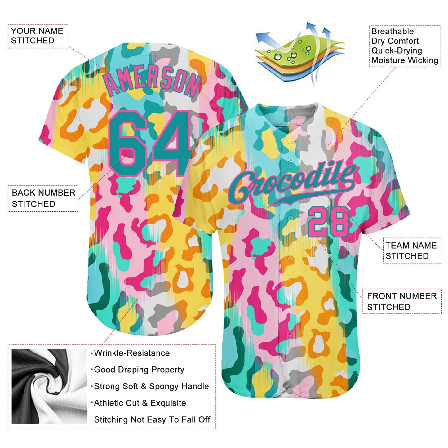 Custom White Teal-Pink 3D Pattern Design Leopard Authentic Baseball Jersey baseball jersey product view 3