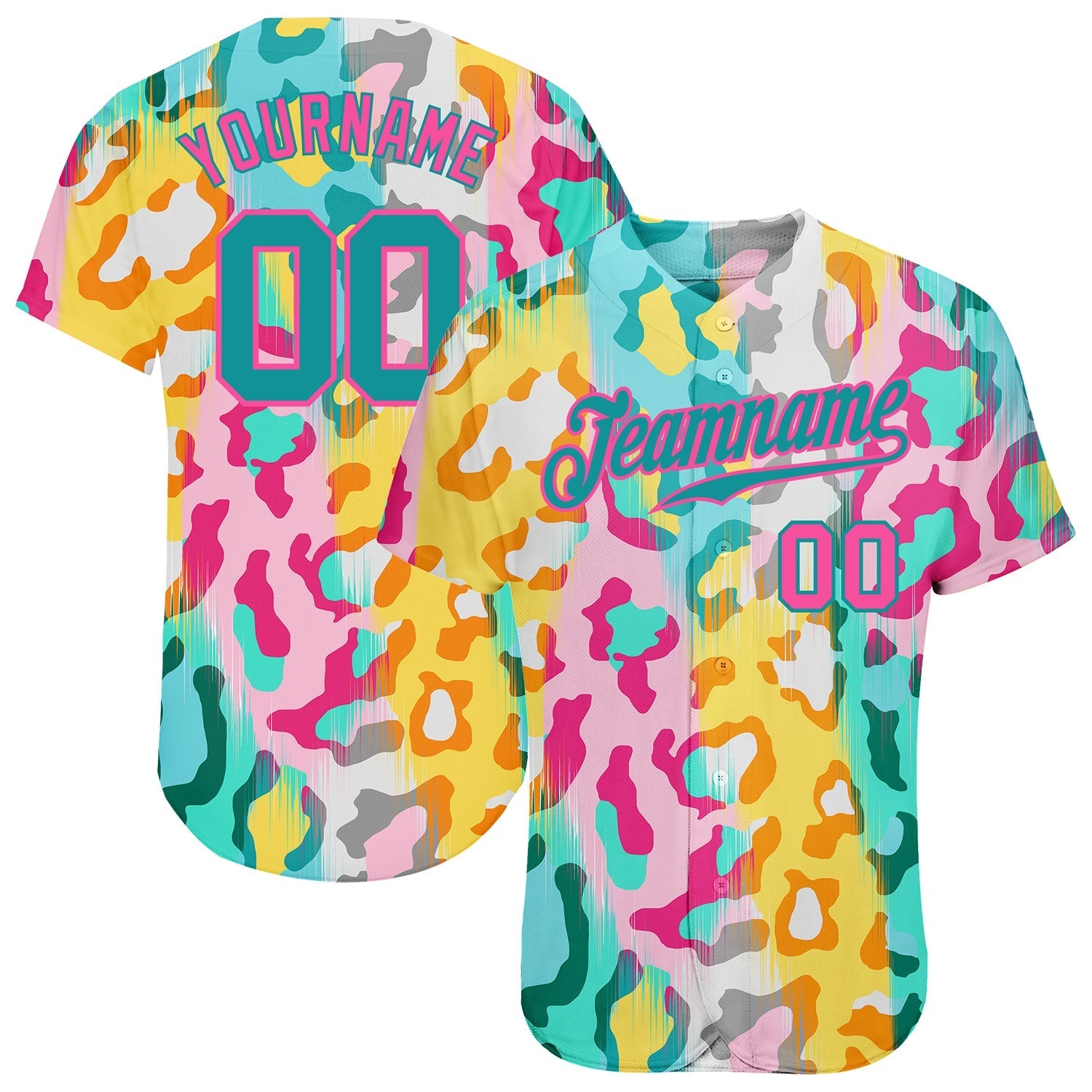 Custom White Teal-Pink 3D Pattern Design Leopard Authentic Baseball Jersey baseball jersey product view 1