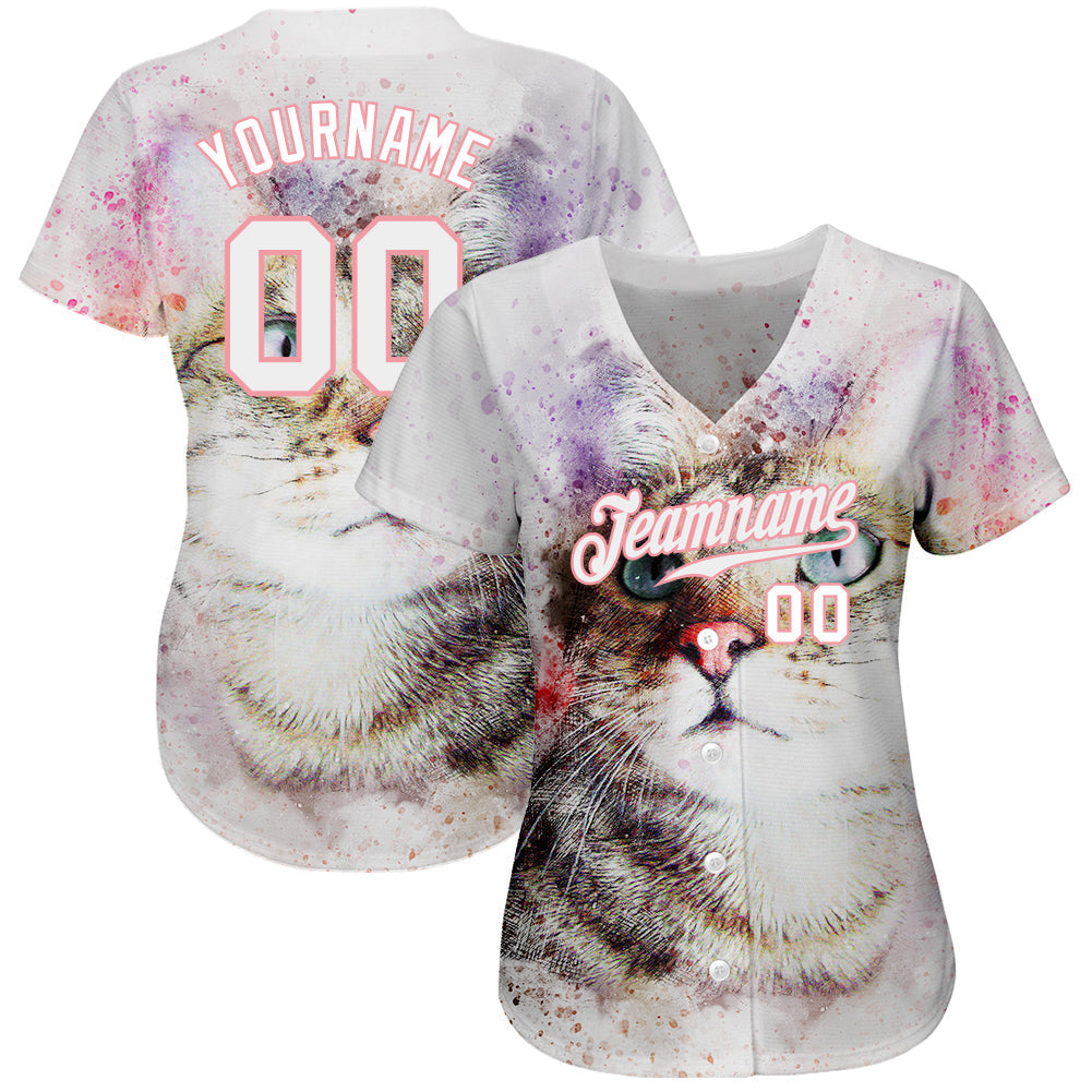 Custom White White-Medium Pink 3D Pattern Design Cat Authentic Baseball Jersey baseball jersey product view 2