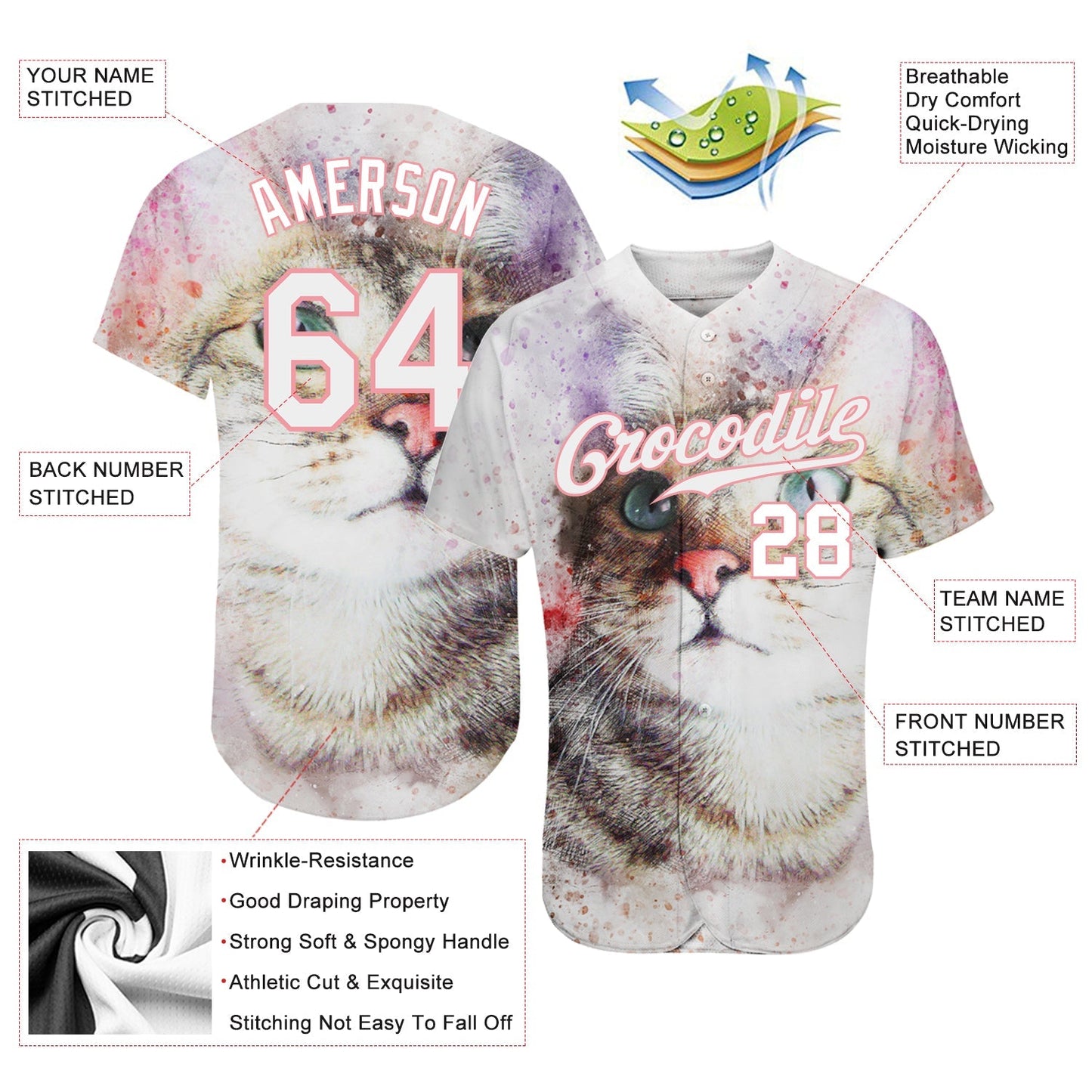 Custom White White-Medium Pink 3D Pattern Design Cat Authentic Baseball Jersey baseball jersey product view 3