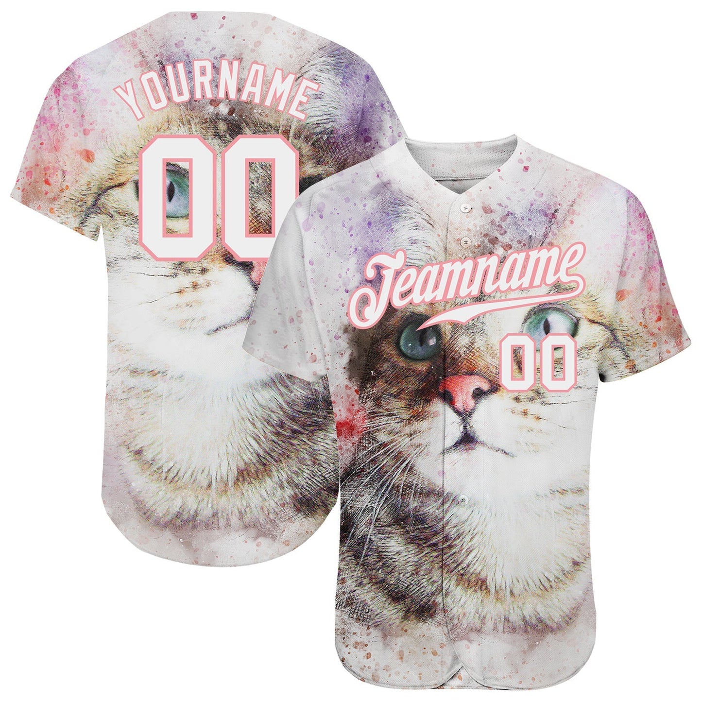 Custom White White-Medium Pink 3D Pattern Design Cat Authentic Baseball Jersey baseball jersey product view 1