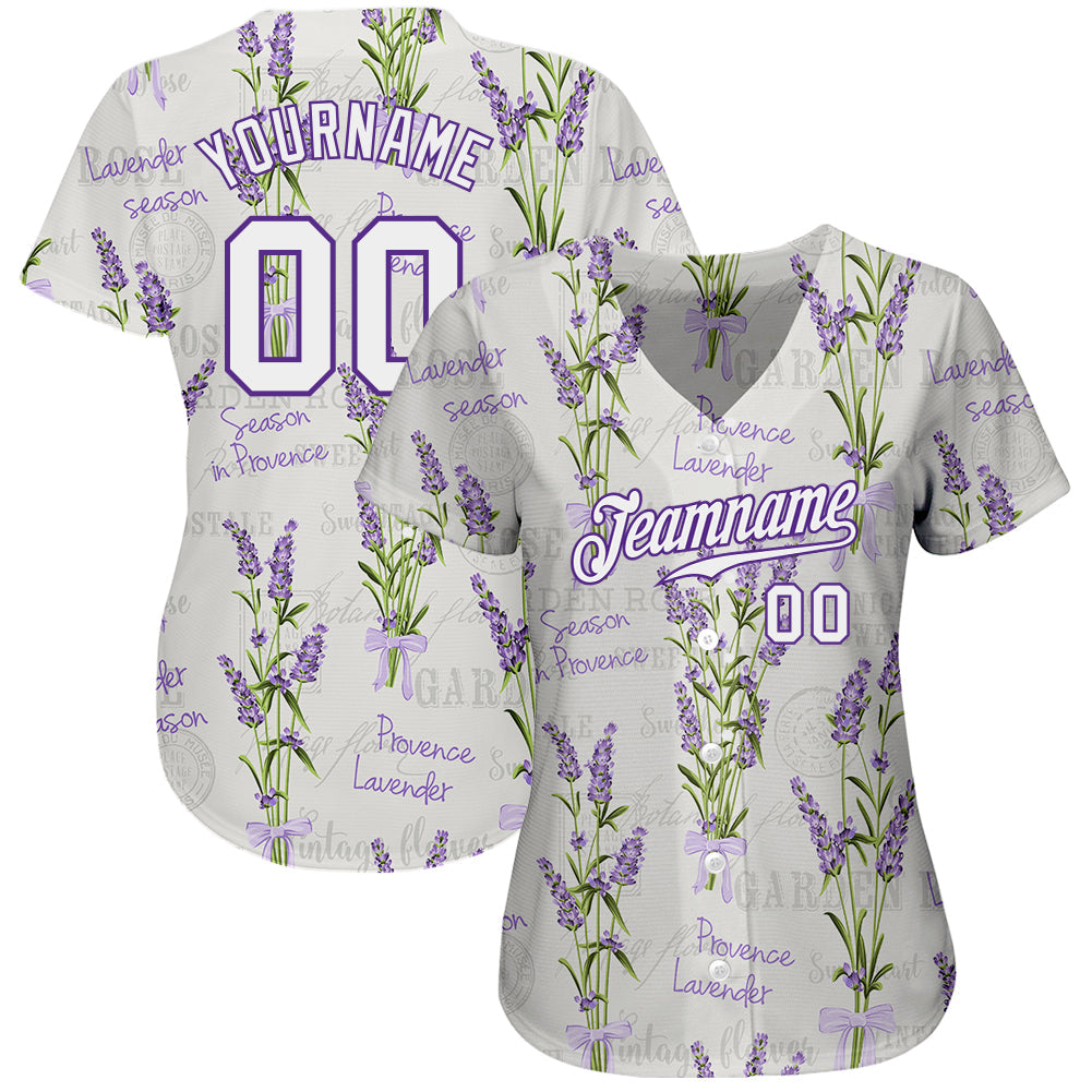 Custom White White-Purple 3D Pattern Design Lavenders Authentic Baseball Jersey baseball jersey product view 2