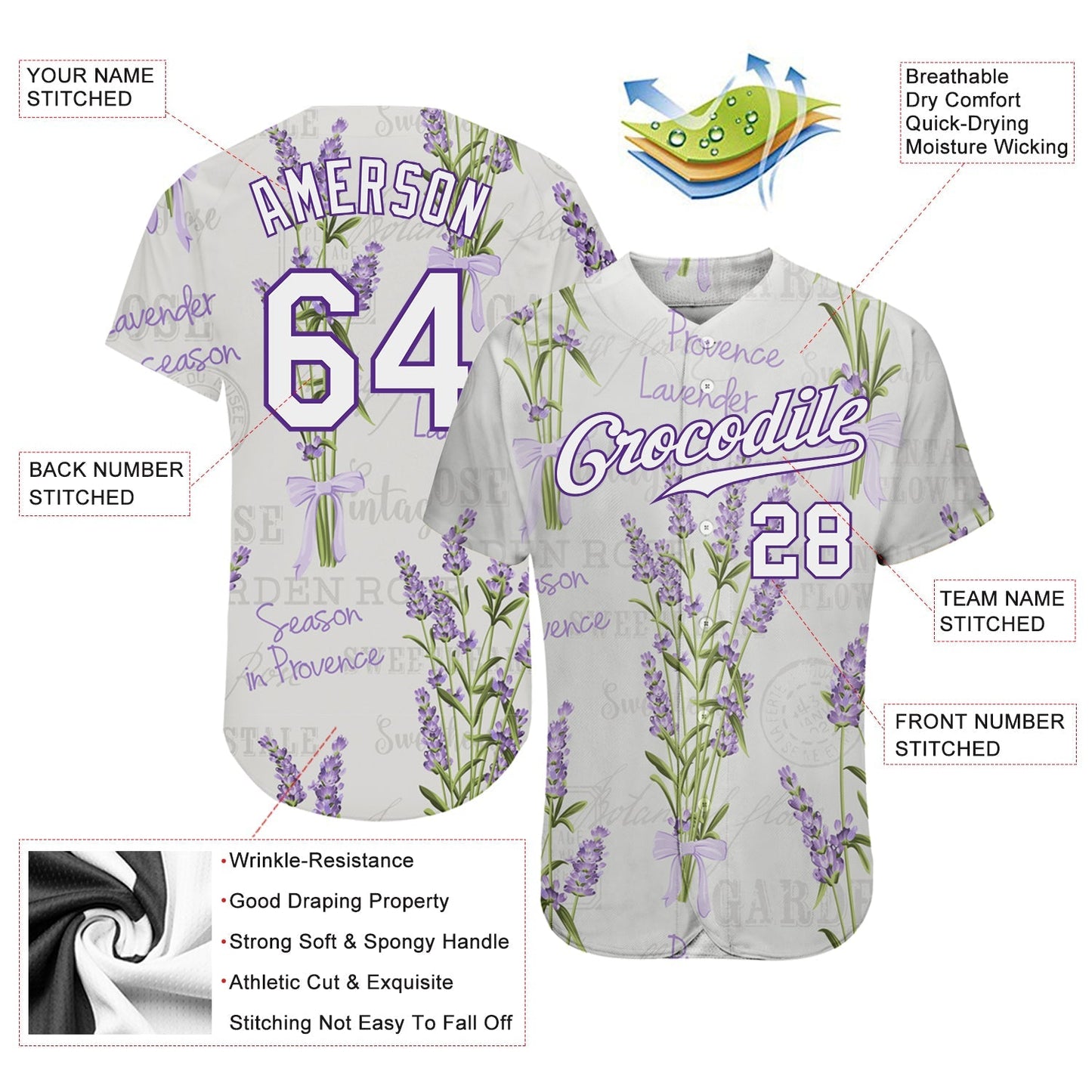 Custom White White-Purple 3D Pattern Design Lavenders Authentic Baseball Jersey baseball jersey product view 3