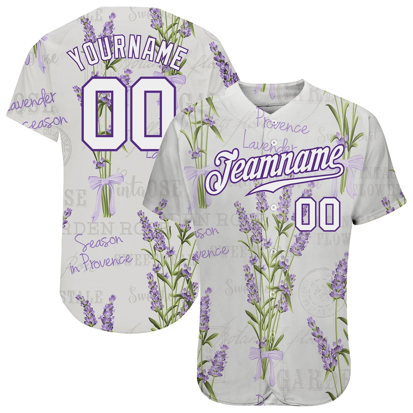 Custom White White-Purple 3D Pattern Design Lavenders Authentic Baseball Jersey baseball jersey product view 1
