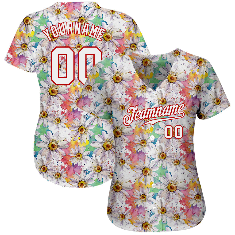 Custom White White-Red 3D Pattern Design Daisy Authentic Baseball Jersey baseball jersey product view 2