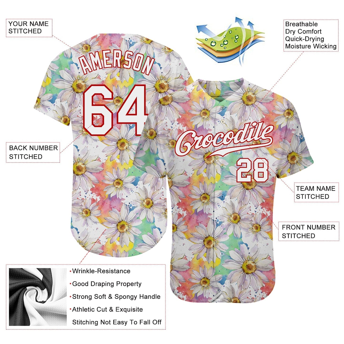 Custom White White-Red 3D Pattern Design Daisy Authentic Baseball Jersey baseball jersey product view 3