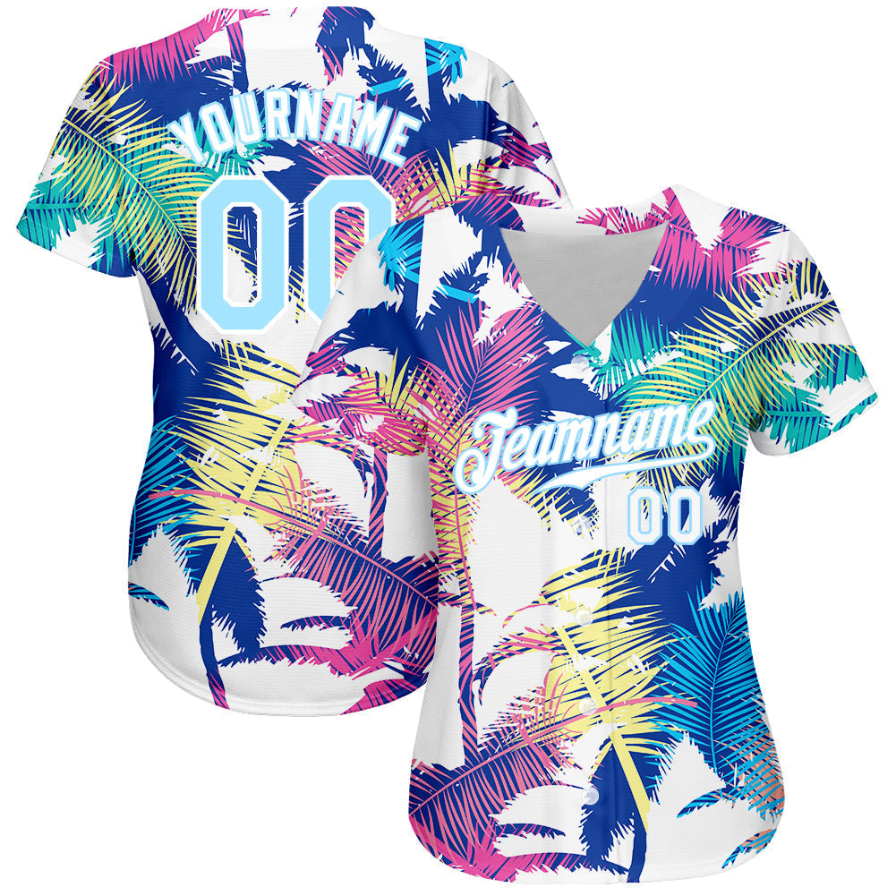 Custom White Light Blue 3D Pattern Design Hawaii Palm Trees Authentic Baseball Jersey baseball jersey product view 2
