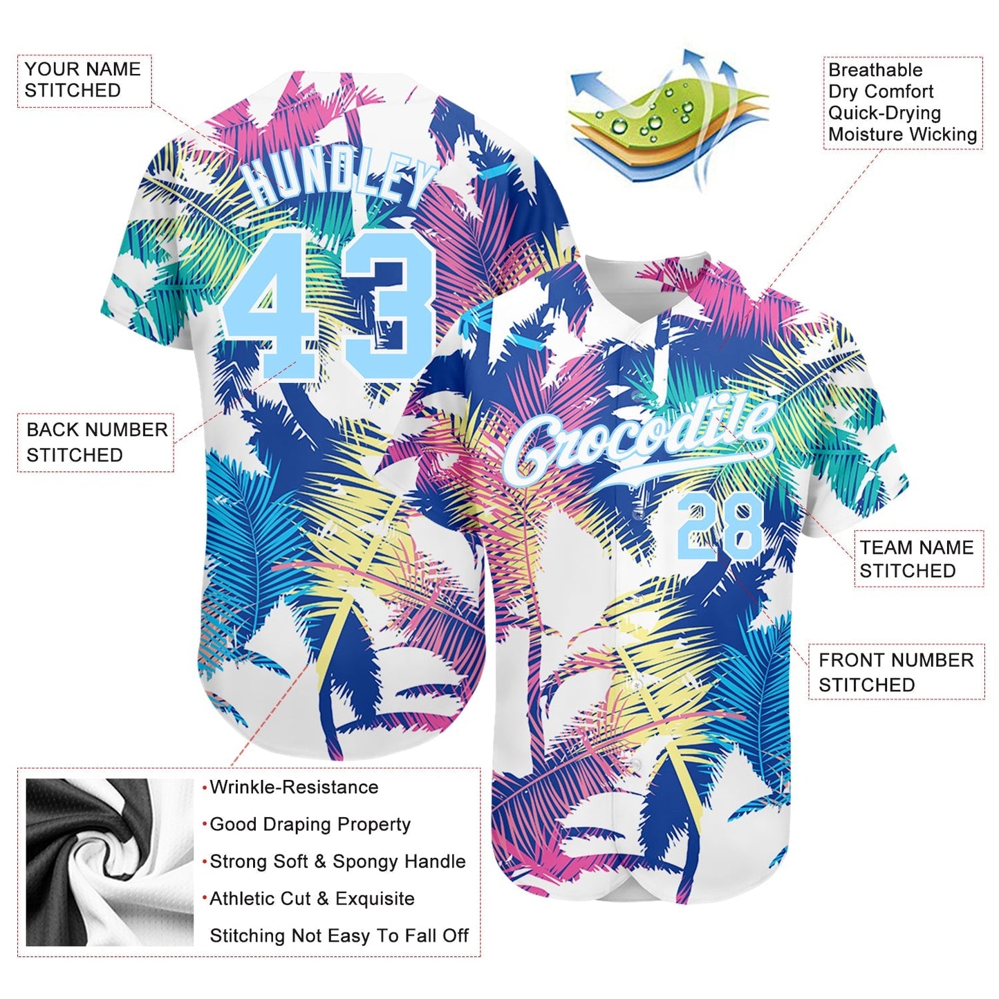 Custom White Light Blue 3D Pattern Design Hawaii Palm Trees Authentic Baseball Jersey baseball jersey product view 3