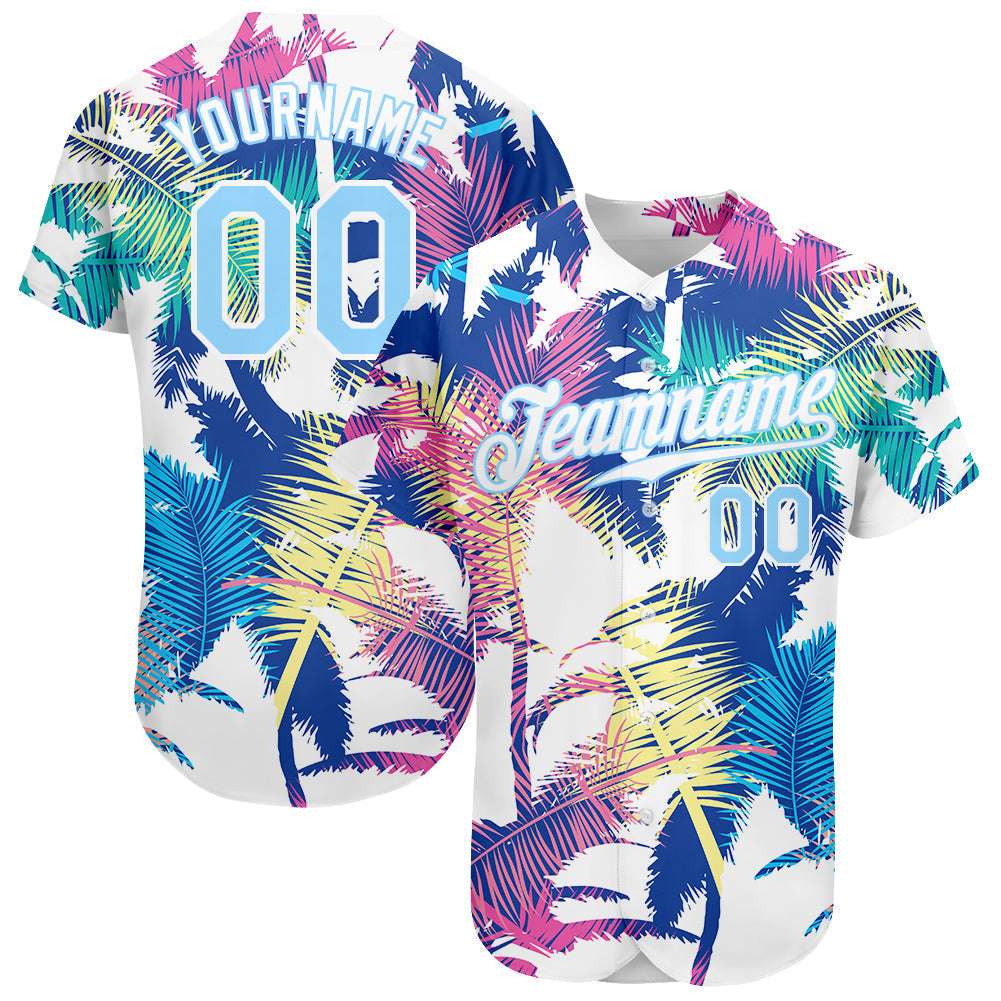 Custom White Light Blue 3D Pattern Design Hawaii Palm Trees Authentic Baseball Jersey baseball jersey product view 1
