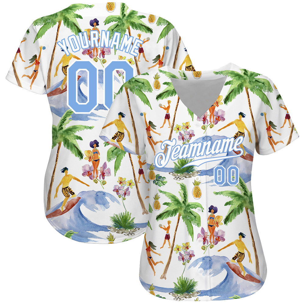 Custom White Light Blue-White 3D Pattern Design Hawaii Palm Trees Authentic Baseball Jersey baseball jersey product view 2